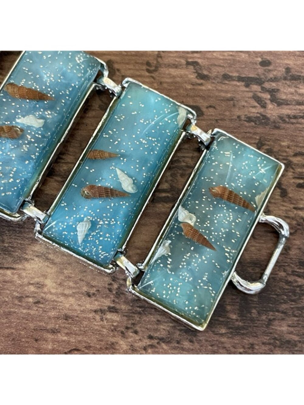 Vintage 1950s Panel Bracelet Blue Confetti Lucite Seashells Silver Tone Wide - Picture 4 of 16